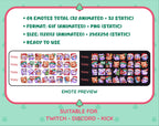 Purple Bear Christmas animated Twitch emote mega pack preview displaying all 32 emotes with format and size information.