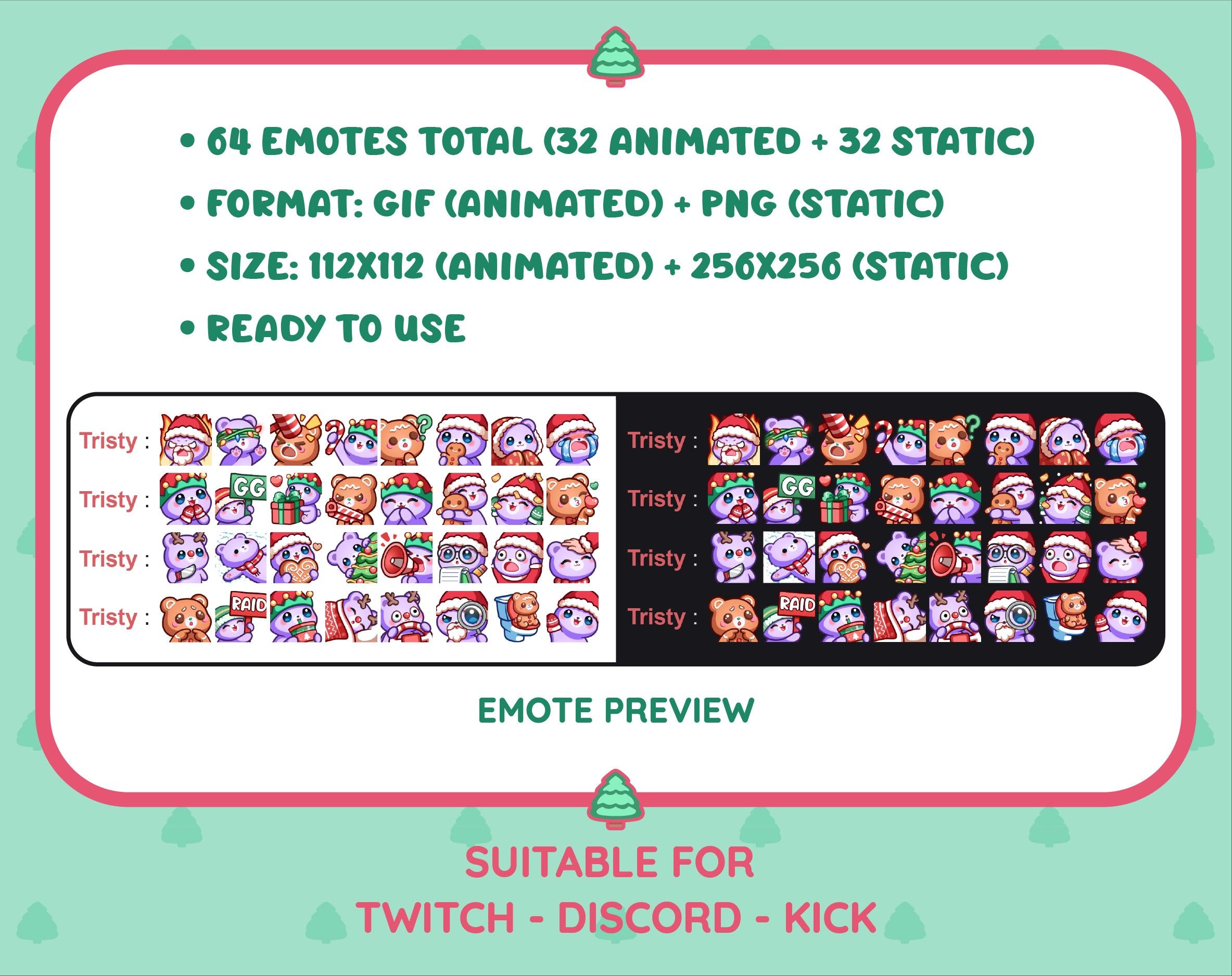 Purple Bear Christmas animated Twitch emote mega pack preview displaying all 32 emotes with format and size information.
