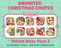 Yellow Bear Christmas animated Twitch emote pack featuring 10 emotes including cozy, bonk, lurk, and hype.