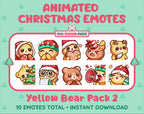 Yellow Bear Christmas animated Twitch emote pack featuring 10 emotes including cozy, bonk, lurk, and hype.