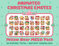 Yellow Bear Christmas animated Twitch emote mega pack featuring 32 emotes including hype, gift, candy, and cookie.