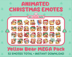 Yellow Bear Christmas animated Twitch emote mega pack featuring 32 emotes including hype, gift, candy, and cookie.
