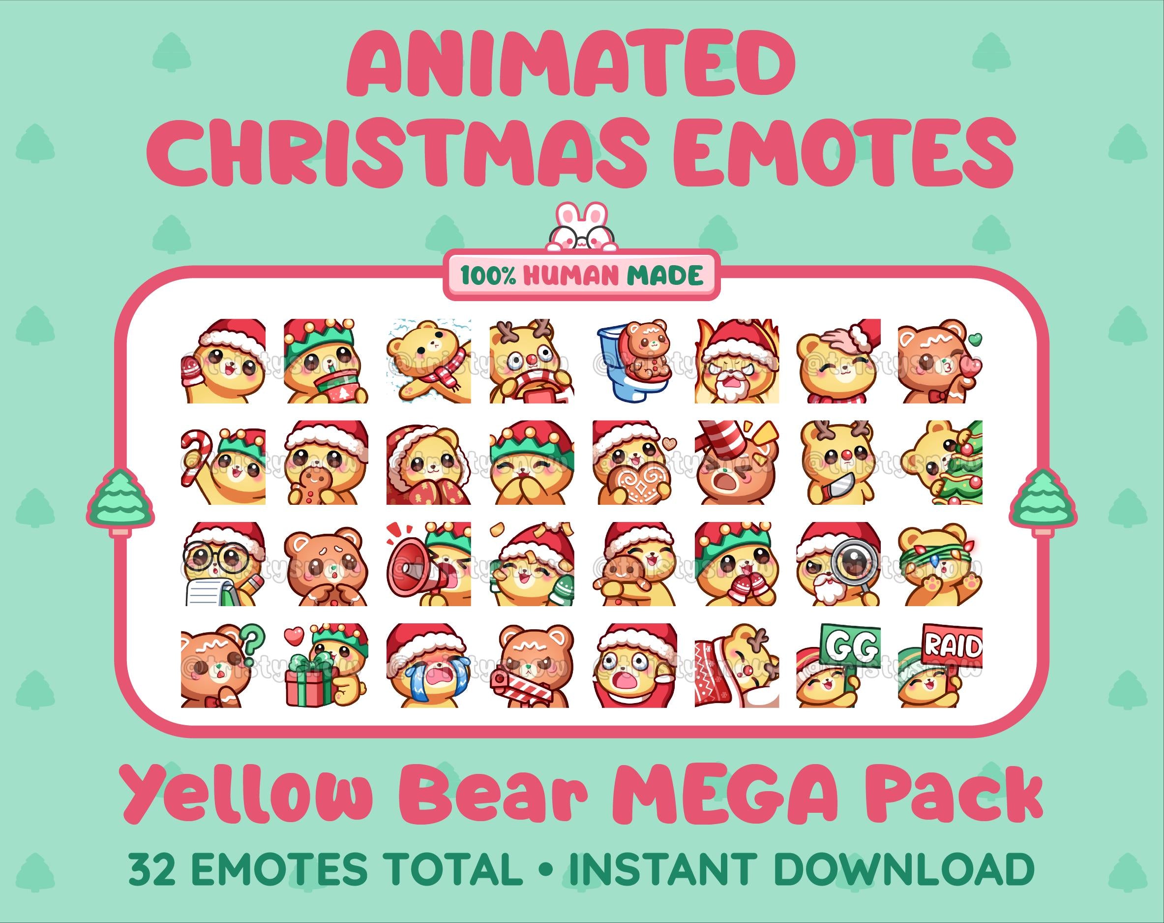Yellow Bear Christmas animated Twitch emote mega pack featuring 32 emotes including hype, gift, candy, and cookie.