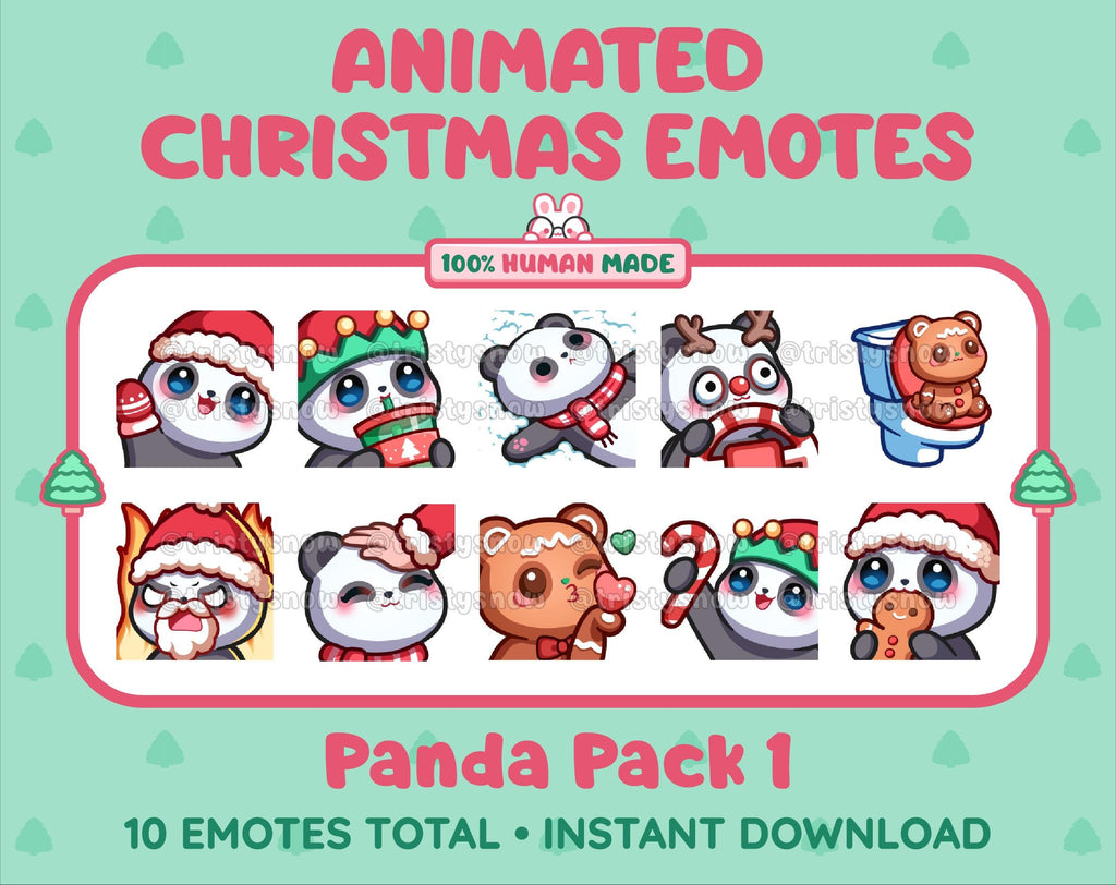 Panda Bear Christmas animated Twitch emote pack featuring 10 emotes including angry, kiss, candy, and cookie.