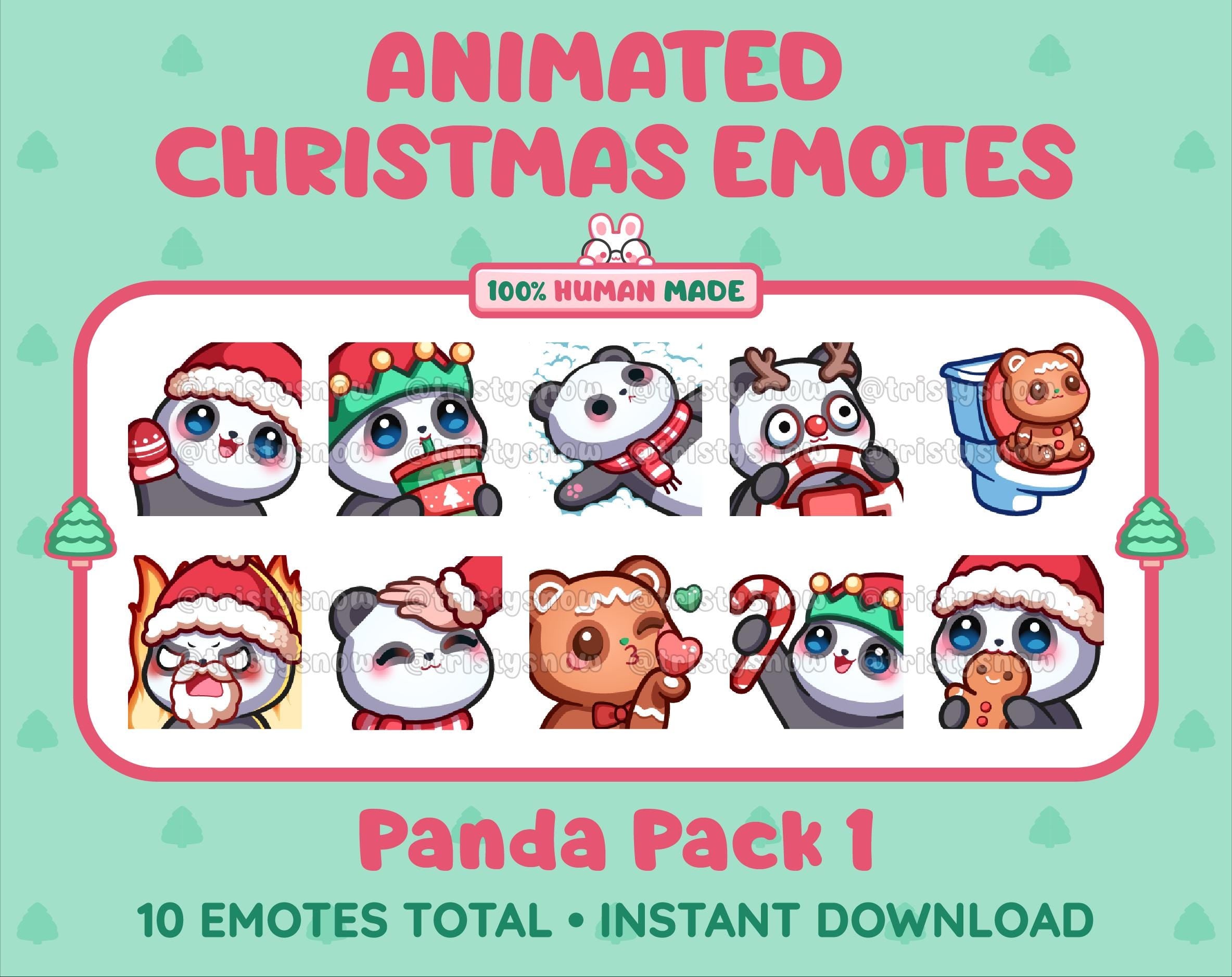 Panda Bear Christmas animated Twitch emote pack featuring 10 emotes including angry, kiss, candy, and cookie.