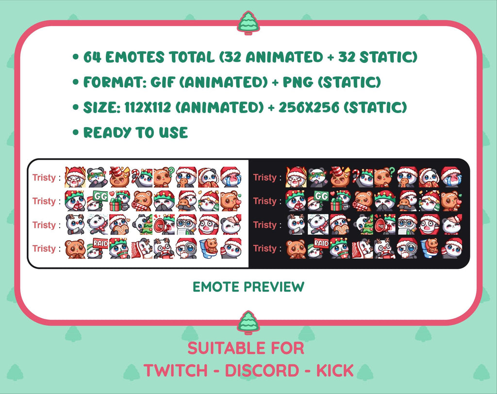 Panda Bear Christmas animated Twitch emote mega pack preview displaying all 32 emotes with format and size information.