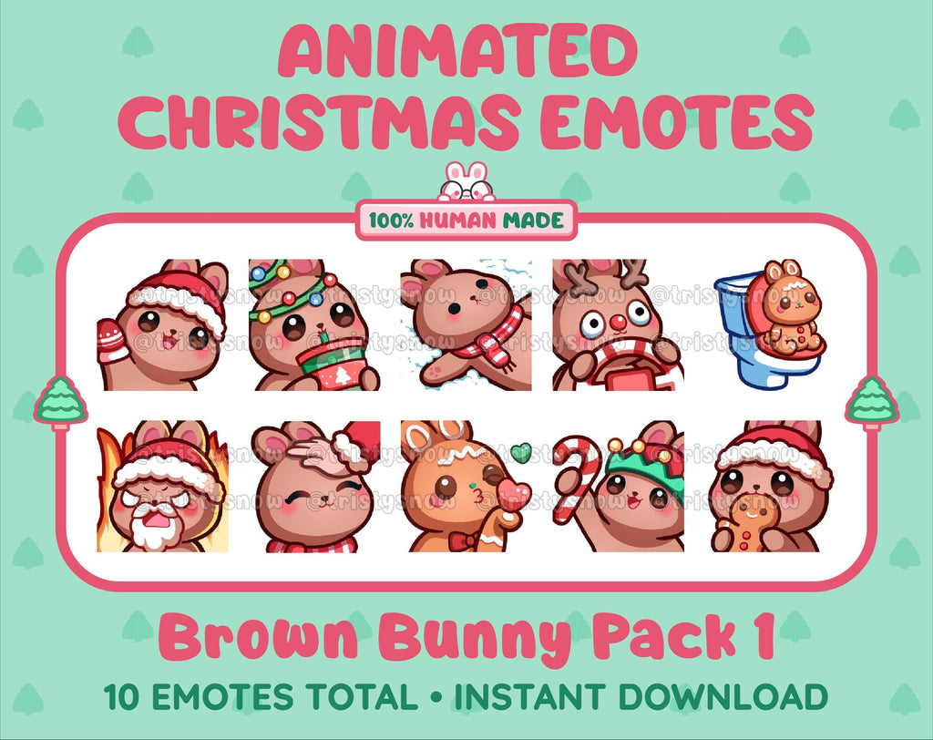 Brown Bunny Christmas animated Twitch emote pack featuring 10 emotes including angry, kiss, candy, and cookie.
