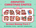 Brown Bunny Christmas animated Twitch emote pack featuring 10 emotes including angry, kiss, candy, and cookie.