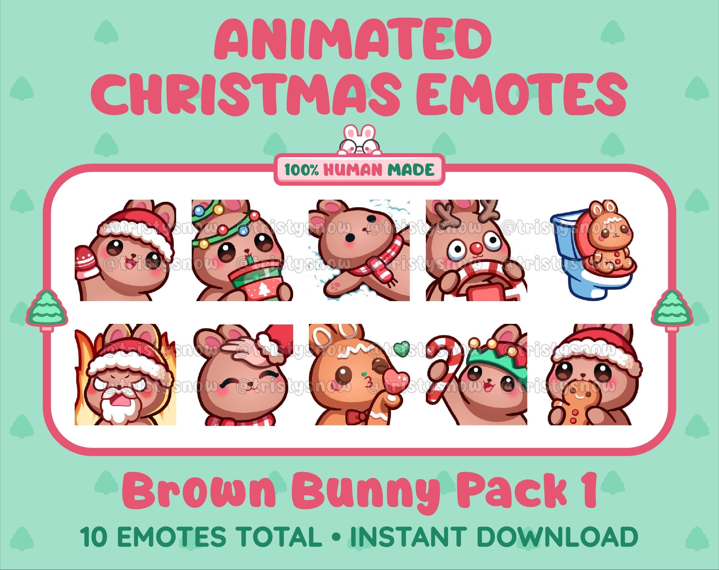 Brown Bunny Christmas animated Twitch emote pack featuring 10 emotes including angry, kiss, candy, and cookie.