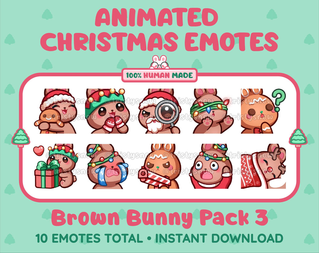 Brown Bunny Christmas animated Twitch emote pack featuring 10 emotes including hug, sus, cry, and panic.