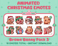 Brown Bunny Christmas animated Twitch emote pack featuring 10 emotes including hug, sus, cry, and panic.