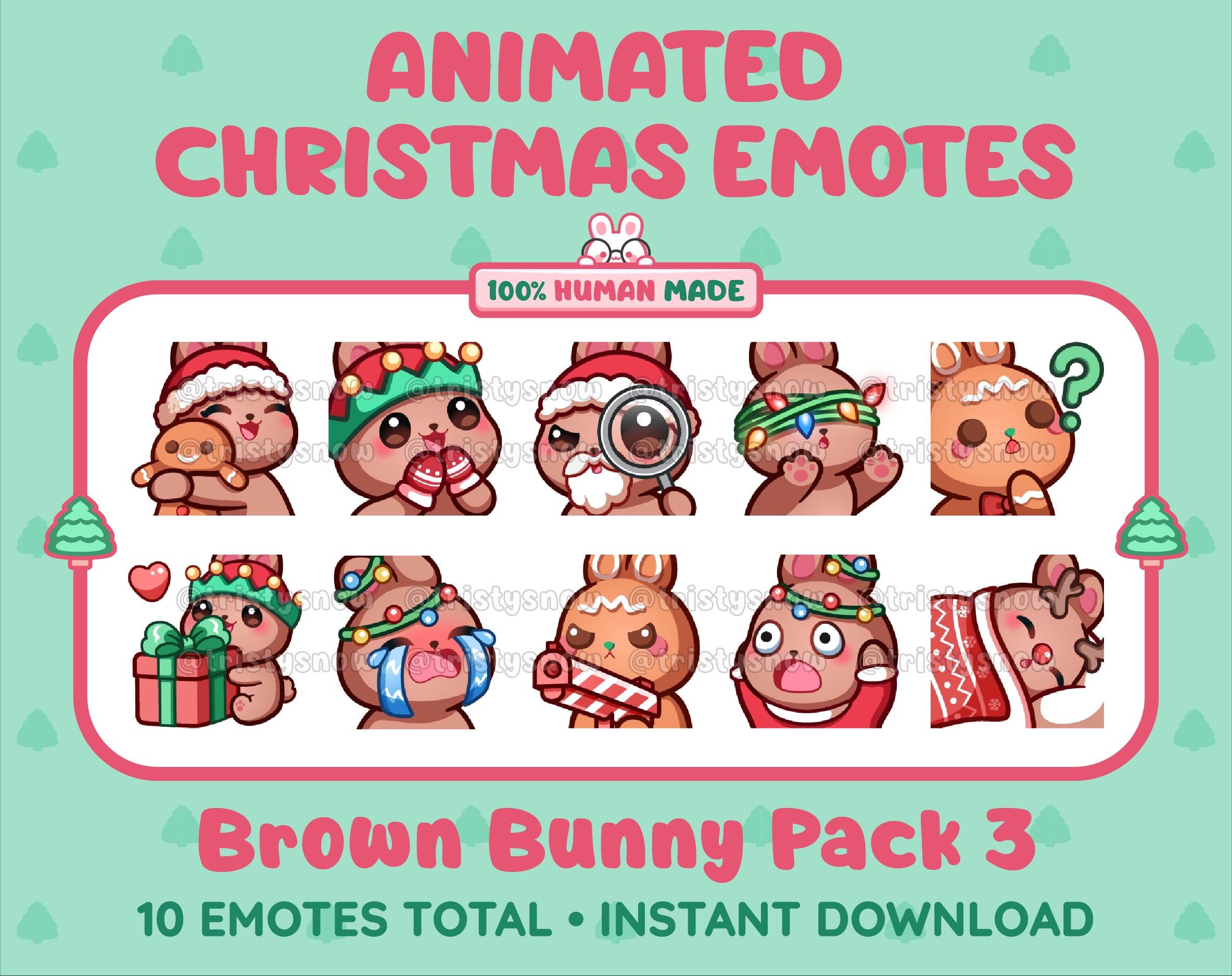 Brown Bunny Christmas animated Twitch emote pack featuring 10 emotes including hug, sus, cry, and panic.