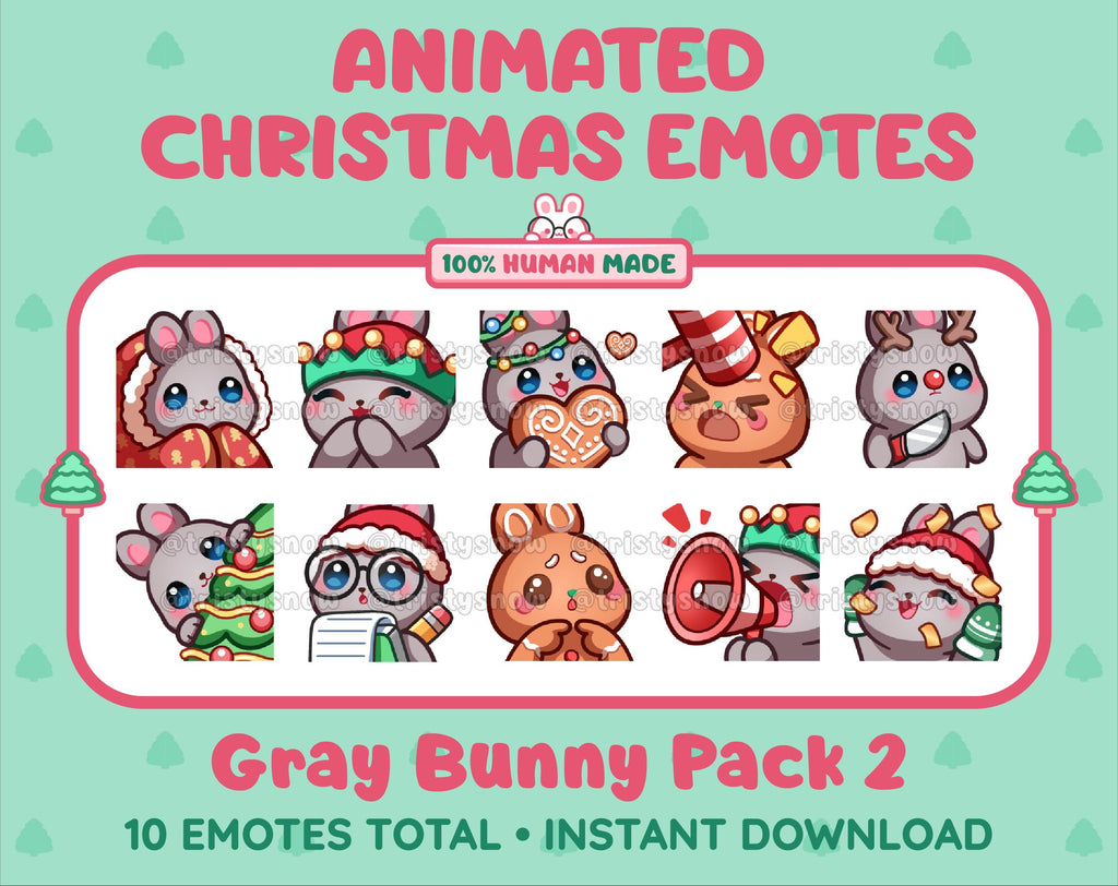 Gray Bunny Christmas animated Twitch emote pack featuring 10 emotes including cozy, bonk, lurk, and hype.