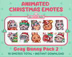 Gray Bunny Christmas animated Twitch emote pack featuring 10 emotes including cozy, bonk, lurk, and hype.