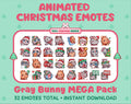 Gray Bunny Christmas animated Twitch emote mega pack featuring 32 emotes including hype, gift, candy, and cookie.