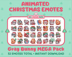 Gray Bunny Christmas animated Twitch emote mega pack featuring 32 emotes including hype, gift, candy, and cookie.