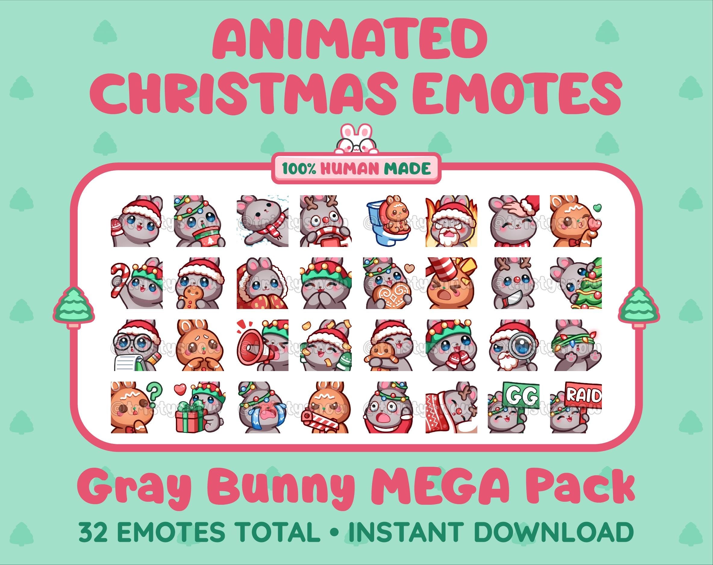 Gray Bunny Christmas animated Twitch emote mega pack featuring 32 emotes including hype, gift, candy, and cookie.