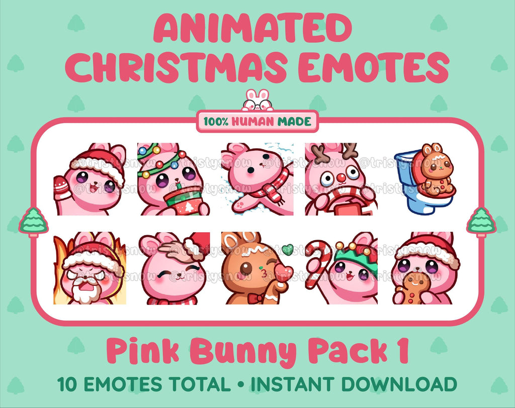 Pink Bunny Christmas animated Twitch emote pack featuring 10 emotes including angry, kiss, candy, and cookie.