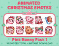 Pink Bunny Christmas animated Twitch emote pack featuring 10 emotes including angry, kiss, candy, and cookie.