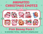 Pink Bunny Christmas animated Twitch emote pack featuring 10 emotes including angry, kiss, candy, and cookie.