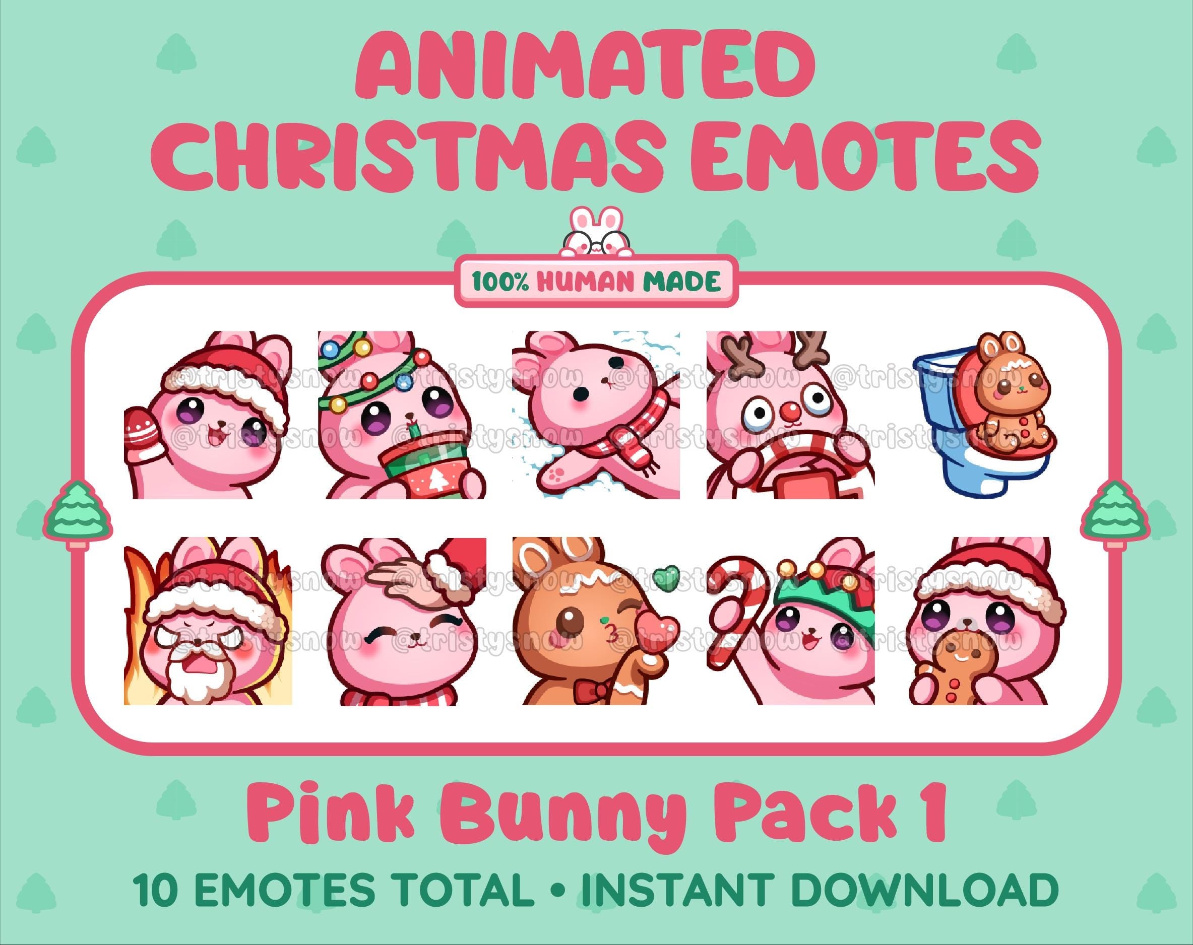 Pink Bunny Christmas animated Twitch emote pack featuring 10 emotes including angry, kiss, candy, and cookie.