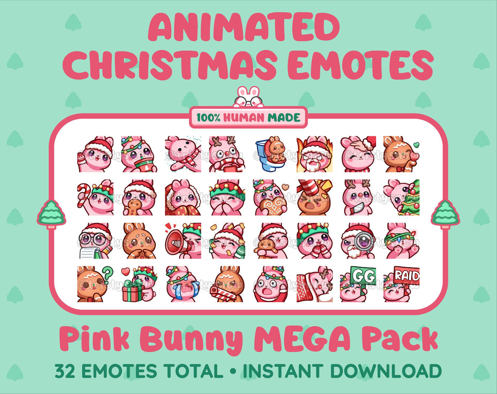 Pink Bunny Christmas animated Twitch emote mega pack featuring 32 emotes including hype, gift, candy, and cookie.
