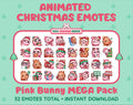 Pink Bunny Christmas animated Twitch emote mega pack featuring 32 emotes including hype, gift, candy, and cookie.