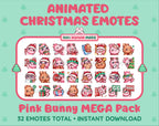 Pink Bunny Christmas animated Twitch emote mega pack featuring 32 emotes including hype, gift, candy, and cookie.
