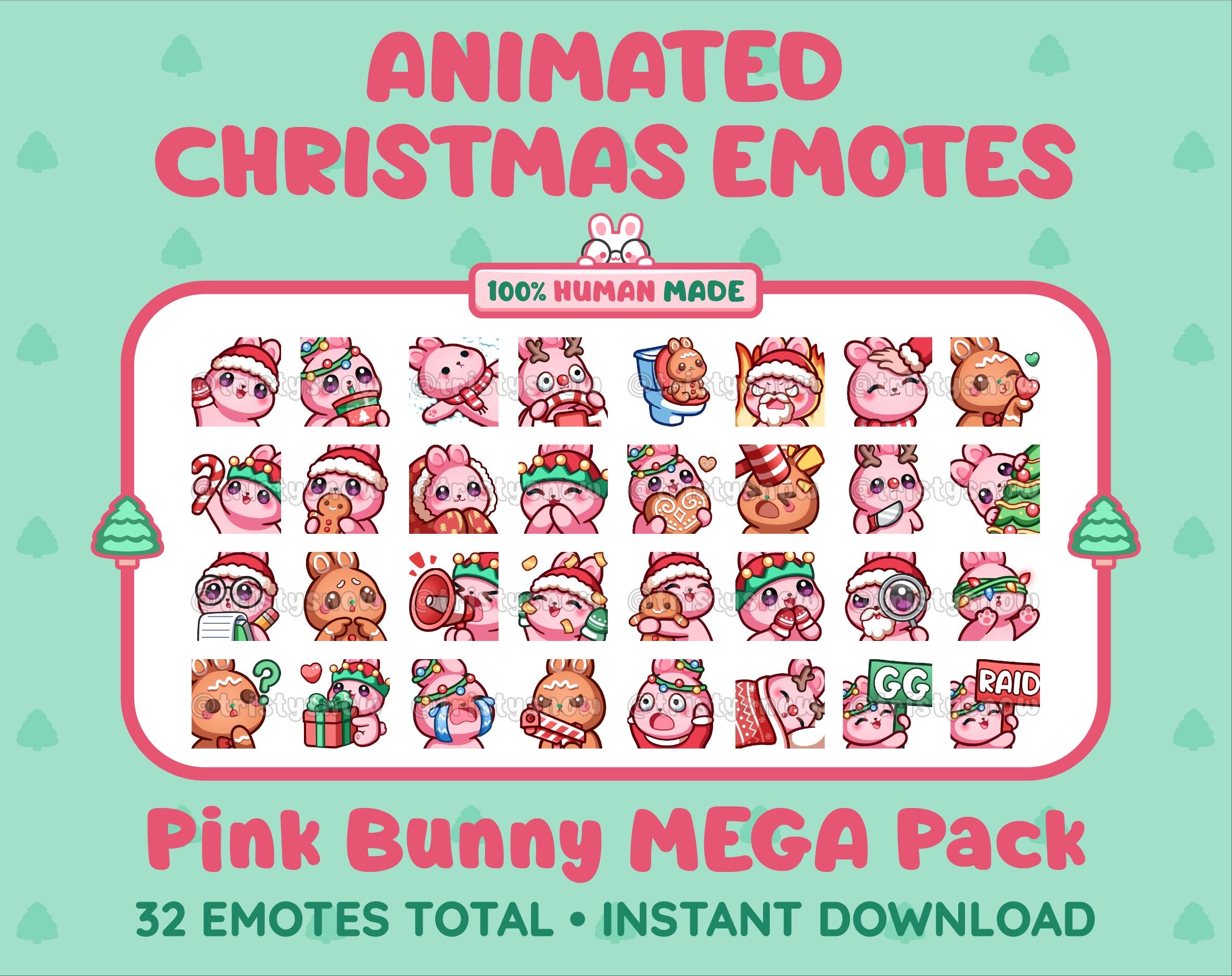 Pink Bunny Christmas animated Twitch emote mega pack featuring 32 emotes including hype, gift, candy, and cookie.
