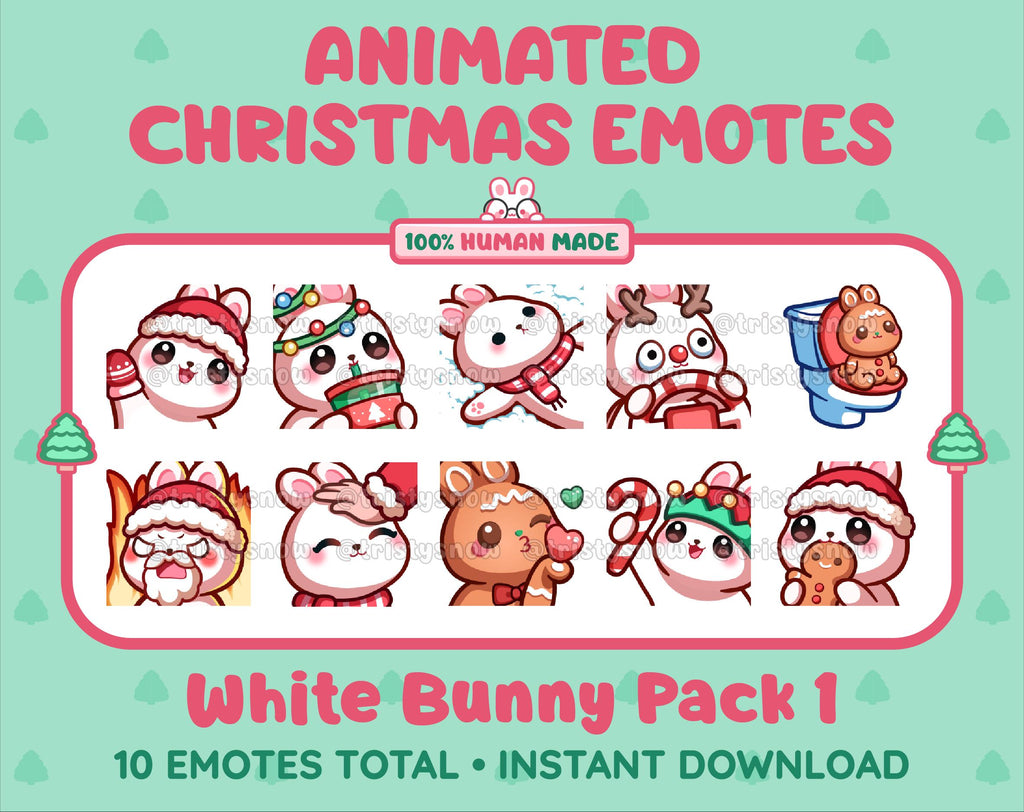 White Bunny Christmas animated Twitch emote pack featuring 10 emotes including angry, kiss, candy, and cookie.