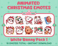 White Bunny Christmas animated Twitch emote pack featuring 10 emotes including angry, kiss, candy, and cookie.
