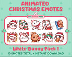 White Bunny Christmas animated Twitch emote pack featuring 10 emotes including angry, kiss, candy, and cookie.