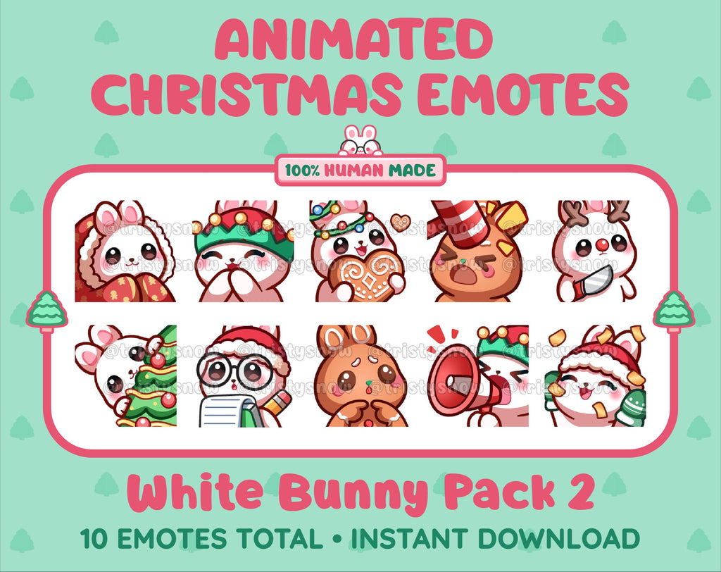 White Bunny Christmas animated Twitch emote pack featuring 10 emotes including cozy, bonk, lurk, and hype.