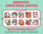 White Bunny Christmas animated Twitch emote pack featuring 10 emotes including cozy, bonk, lurk, and hype.