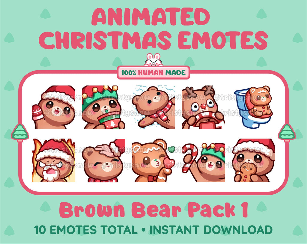 Brown Bear Christmas animated Twitch emote pack featuring 10 emotes including angry, kiss, candy, and cookie.