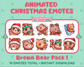Brown Bear Christmas animated Twitch emote pack featuring 10 emotes including angry, kiss, candy, and cookie.