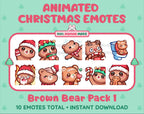 Brown Bear Christmas animated Twitch emote pack featuring 10 emotes including angry, kiss, candy, and cookie.