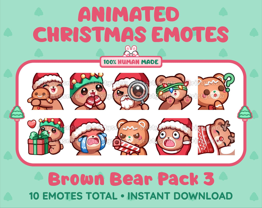 Brown Bear Christmas animated Twitch emote pack featuring 10 emotes including hug, sus, cry, and panic.
