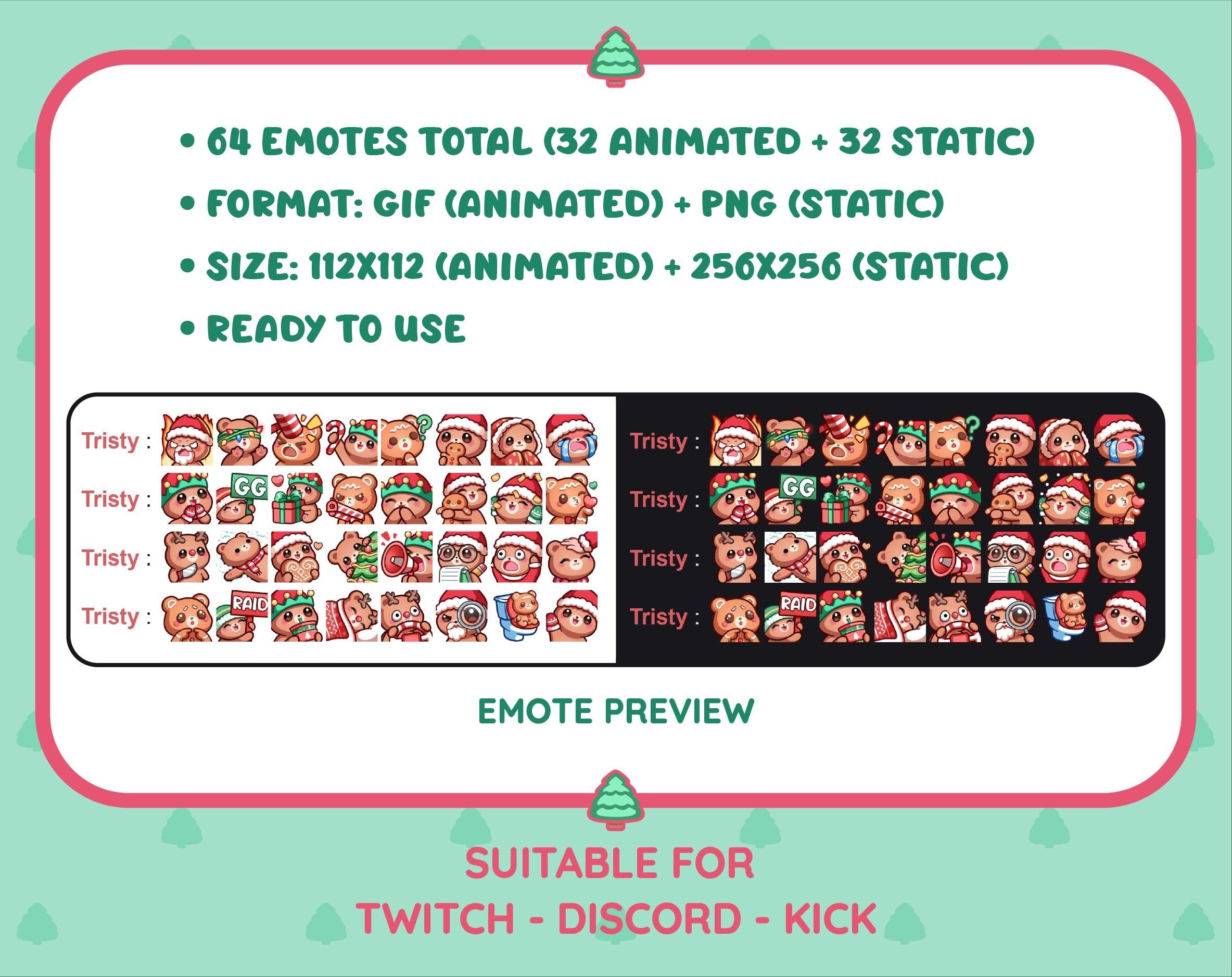 Brown Bear Christmas animated Twitch emote mega pack preview displaying all 32 emotes with format and size information.