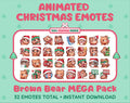 Brown Bear Christmas animated Twitch emote mega pack featuring 32 emotes including hype, gift, candy, and cookie.