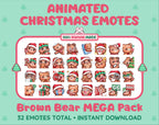 Brown Bear Christmas animated Twitch emote mega pack featuring 32 emotes including hype, gift, candy, and cookie.