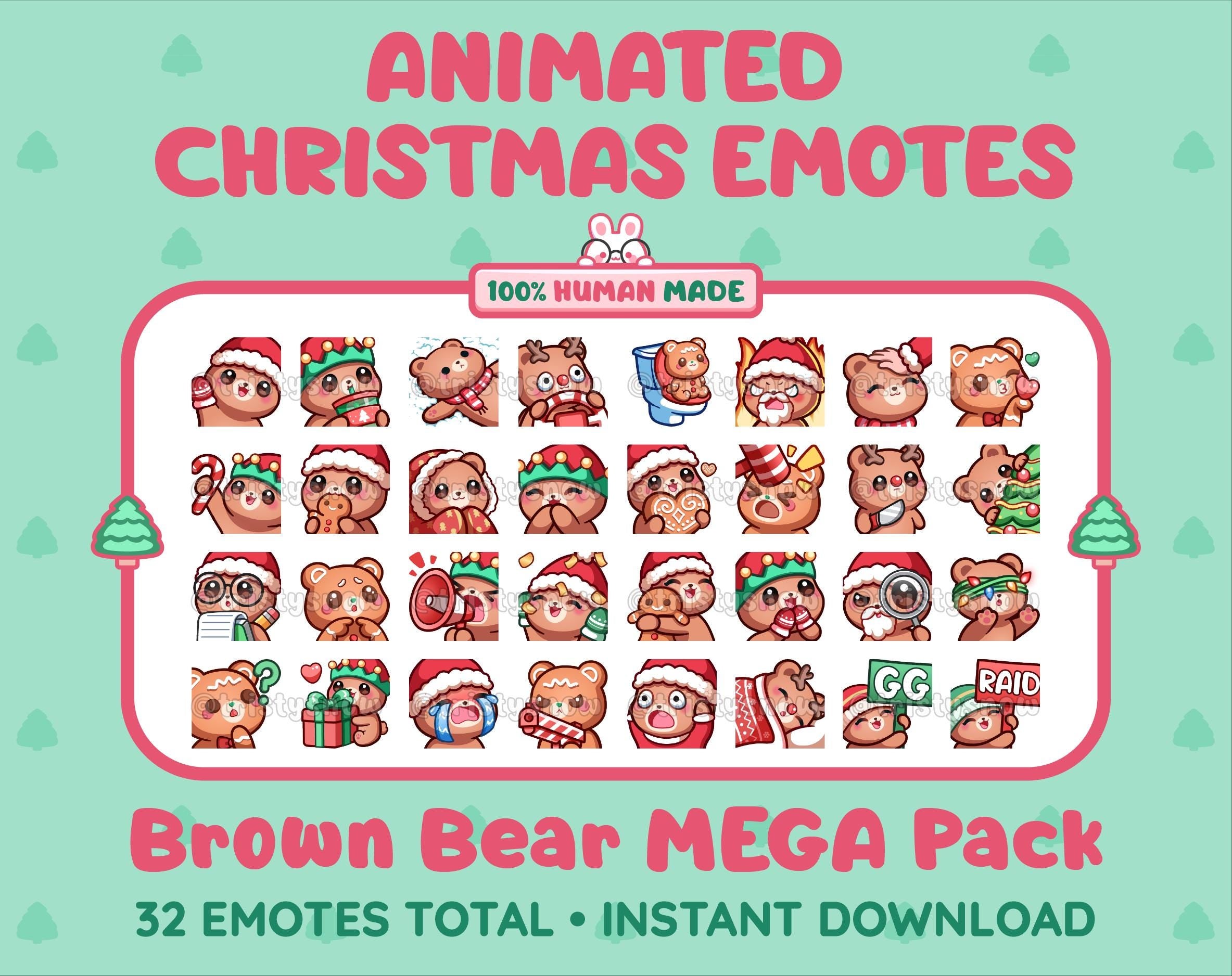 Brown Bear Christmas animated Twitch emote mega pack featuring 32 emotes including hype, gift, candy, and cookie.