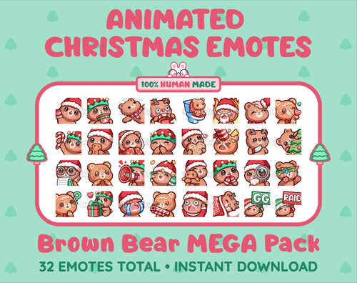 Brown Bear Christmas animated Twitch emote mega pack featuring 32 emotes including hype, gift, candy, and cookie.