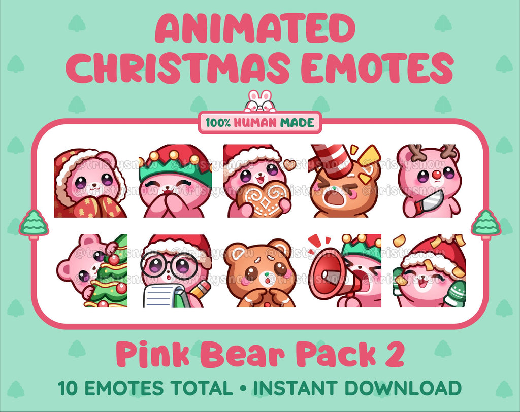 Pink Bear Christmas animated Twitch emote pack featuring 10 emotes including cozy, bonk, lurk, and hype.