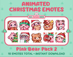 Pink Bear Christmas animated Twitch emote pack featuring 10 emotes including cozy, bonk, lurk, and hype.