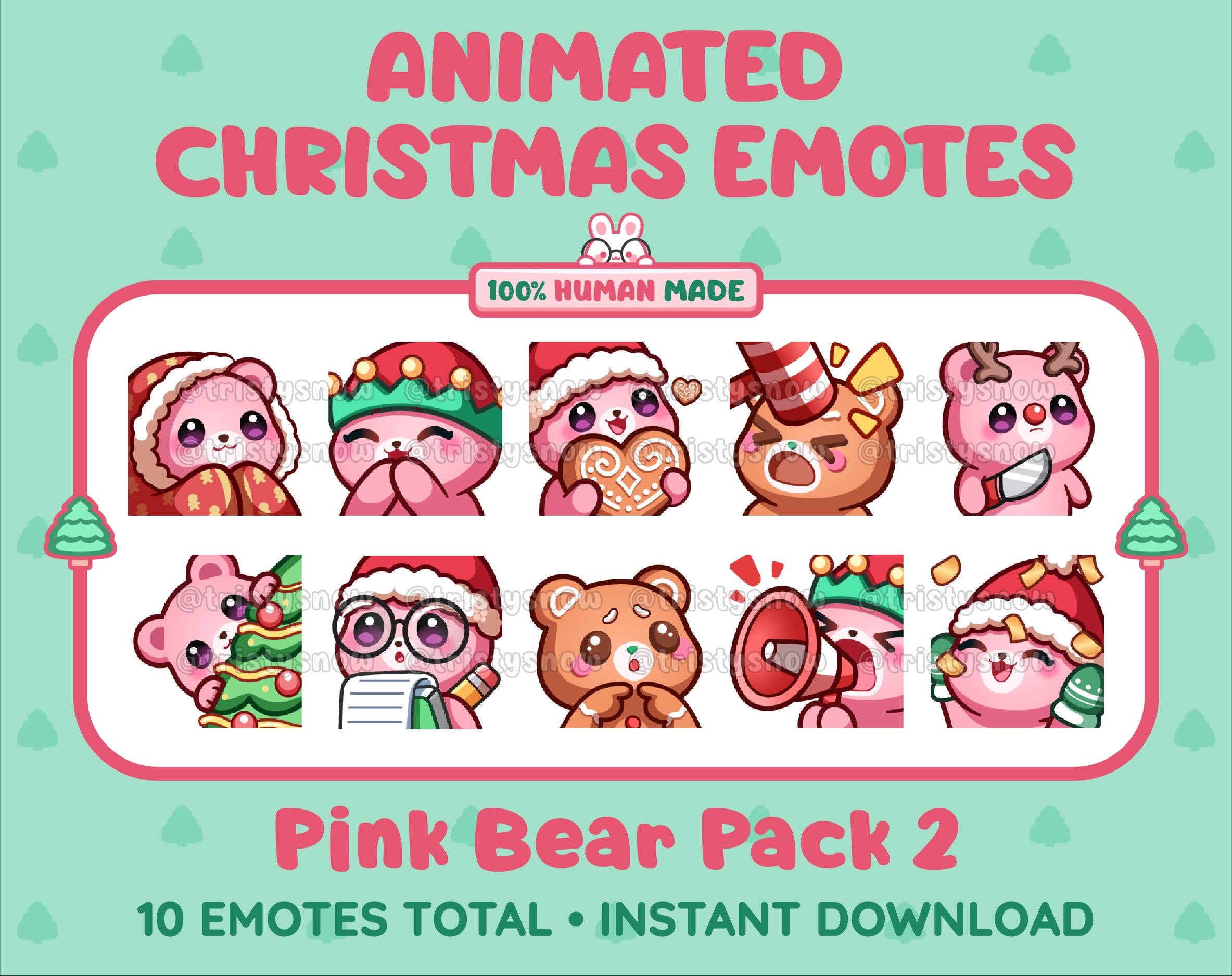 Pink Bear Christmas animated Twitch emote pack featuring 10 emotes including cozy, bonk, lurk, and hype.
