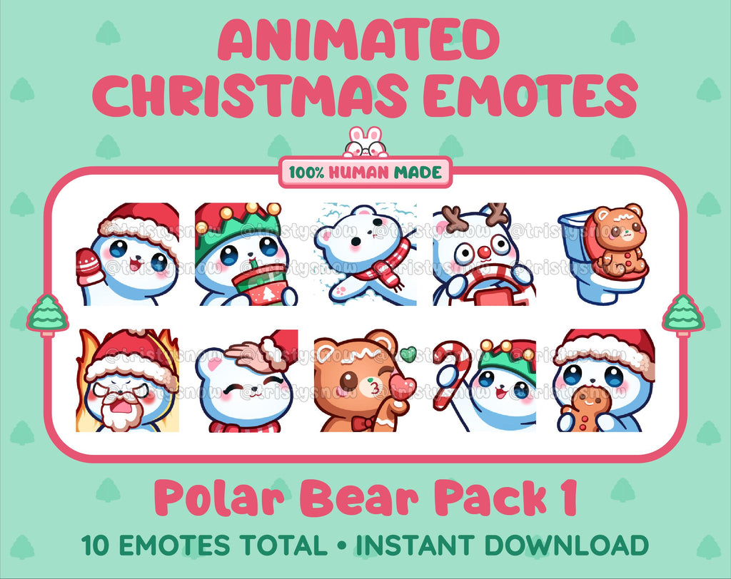 Polar Bear Christmas animated Twitch emote pack featuring 10 emotes including angry, kiss, candy, and cookie.