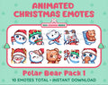 Polar Bear Christmas animated Twitch emote pack featuring 10 emotes including angry, kiss, candy, and cookie.