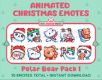 Polar Bear Christmas animated Twitch emote pack featuring 10 emotes including angry, kiss, candy, and cookie.