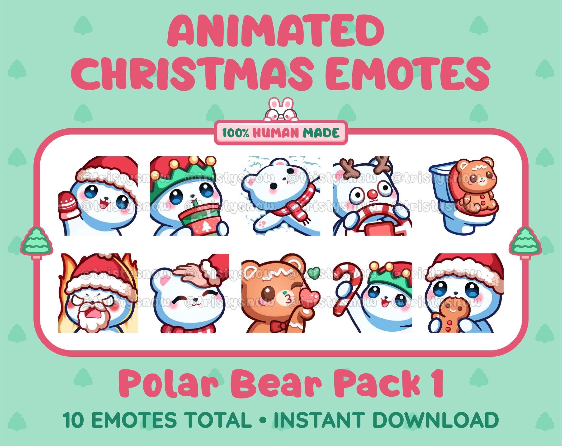 Polar Bear Christmas animated Twitch emote pack featuring 10 emotes including angry, kiss, candy, and cookie.